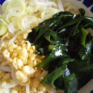 わかめと白ネギと天かすのぶっかけうどん